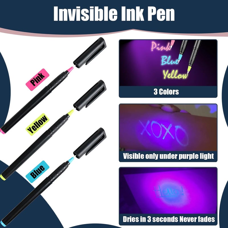 klumuke Invisible Ink Pens with UV Light, Magic Spy Pens with Mini UV LED Keychain Flashlights for Secret Messages, Disappearing Ink Pens with Black Light for Kids, Ideal for Parties and Gifts (9PCS) - Image 2